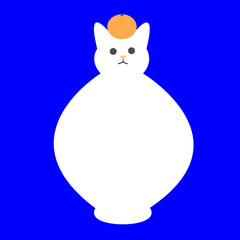 ミカンをのせた白猫の鏡餅 
Sitting white chubby cat with orange
