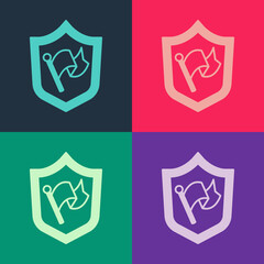Pop art Shield with flag icon isolated on color background. Victory, winning and conquer adversity concept. Vector