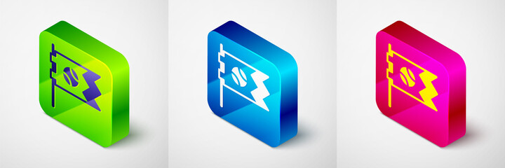 Isometric Flag with baseball ball icon isolated on grey background. Square button. Vector