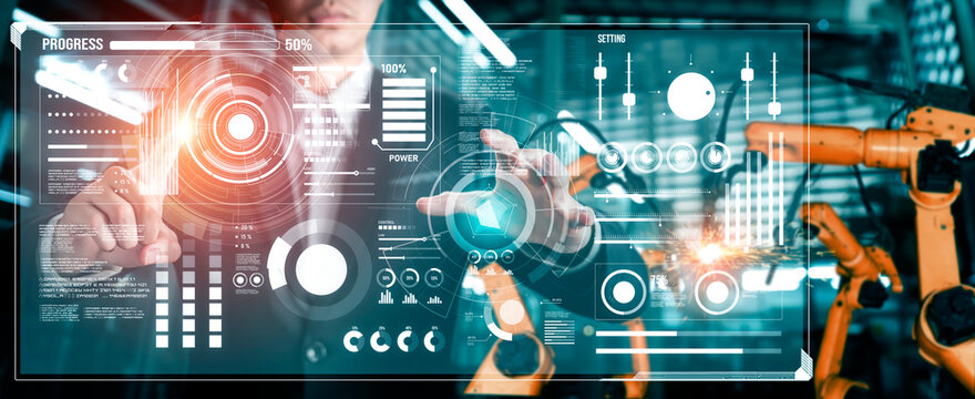 Advanced Robot Arm System For Digital Industry And Factory Robotic Technology . Automation Manufacturing Robot Controlled By Industry Engineering Using IOT Software Connected To Internet Network .