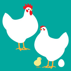 ニワトリの家族（雄鶏、雌鶏、ヒヨコ、卵）のイラスト　
Chicken family 