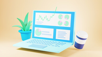 3D render of bar graph on notebook. Business online and e-commerce on web shopping concept. Secure online payment transaction with smartphone.