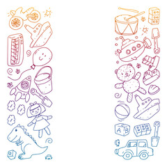 Vector pattern with kindergarten, toy children. Happy children illustration. Gradient drawing on a notebook in a Squared notebook.
