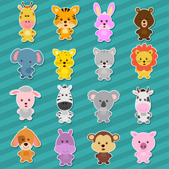 Animals sticker with cartoon farm and wild animals