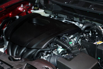 Fototapeta na wymiar Close up detail of new car engine, vehicle and transportation concept