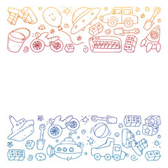 Vector pattern with kindergarten, toy children. Happy children illustration. Gradient drawing on a notebook in a Squared notebook.