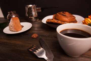 sweet biscuits coffee cup wooden table breakfast romance