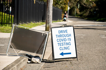 Sydney, Australia - 2020-09-02 COVID-19 drive trough testing clinic sign. 2 hours wait for testing sign