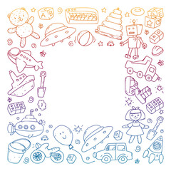 Vector pattern with kindergarten, toy children. Happy children illustration. Gradient drawing on a notebook in a Squared notebook.