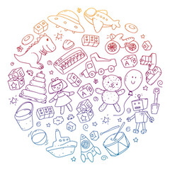 Vector pattern with kindergarten, toy children. Happy children illustration. Gradient drawing on a notebook in a Squared notebook.