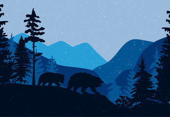 there are two bears in the forest. landscape with mountains and forest. Vector graphics. EPS format
