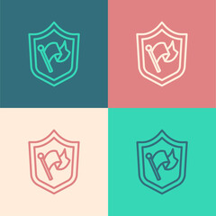 Pop art line Shield with flag icon isolated on color background. Victory, winning and conquer adversity concept. Vector