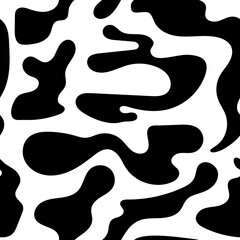 Seamless abstract animal pattern. Simple vector texture, white background with black shapeless spots. Background, wallpaper, fabric, textile, dalmatian print, cow pattern - white with black spots.