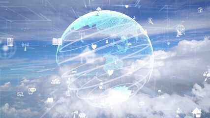 Network of connection modernization over clouds in the sky showing concept of digital network of...
