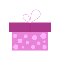 Wrapping gift box with a surprise wrapped in pink, purple or lilac paper. Can be used as an icon, symbol or sign. Stock vector festive illustration gift box with circles, isolated on white background.