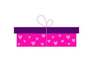 Wrapping gift box with a surprise wrapped in pink, purple or lilac paper. Can be used as an icon, symbol or sign. Stock vector festive illustration gift box with hearts, isolated on white background