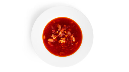 Red, hot borscht - beet soup isolated on a white background.