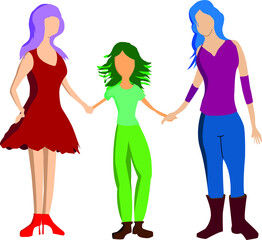 Two girls love each other. They have a child. Illustration. Vector imag. LGBTQ