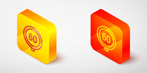 Isometric line Speed limit traffic sign 60 km icon isolated on grey background. Yellow and orange square button. Vector