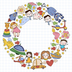 Kindergarten children. Doodle set of objects for kids. Toys and boys and girls. Vector outline icons