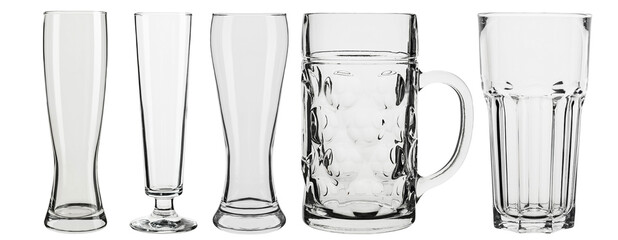 Set of empty beer glasses isolated on white background.
