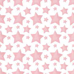 Watercolor seamless pattern of pink stars on a white background.