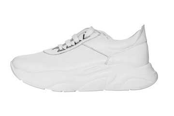 White leather sneakers isolated on white background. Casual style. White laces and white rubber sole. Fashion footwear.