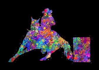 Barrel Racing watercolor art with black background, abstract sport painting. sport art print, watercolor illustration rainbow, colorful, decoration wall art.