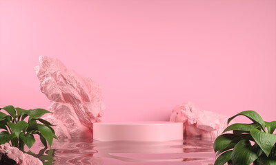 Pink Display For Show Product On Water Ripple And Tropical Plant Rock Scene Abstract Background 3d Render