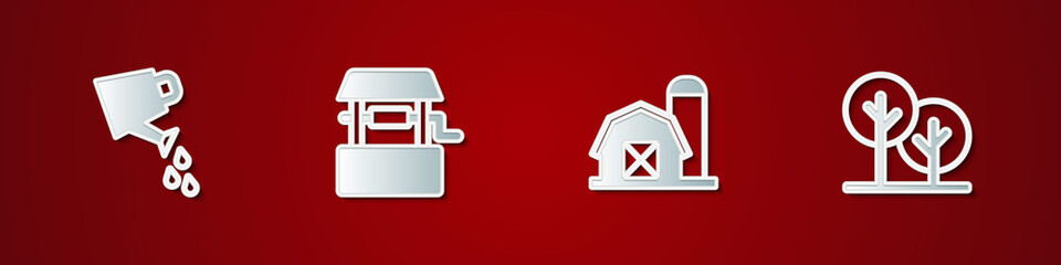 Set Watering can, Well, Farm house and Tree icon. Vector
