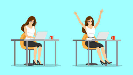 Surprised and happy businesswoman at laptop. Business woman success well done work concept. Female manager got promotion and raised hands up. Office employee received victory good news illustration