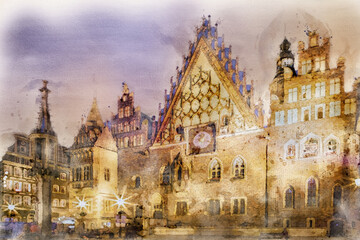 Fototapeta na wymiar Wroclaw Historic Tawn Hall by Night - watercolor painting