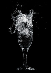 Splashes and drops of water in a glass are isolated on a black .