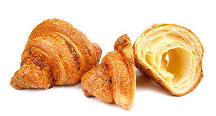 Croissant and sliced croissant isolated on white background. Fresh bakery .