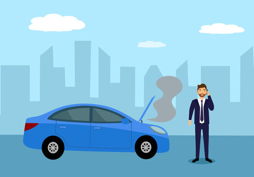 Business man on phone with car repair service in front of broken car in flat design. Car accident.