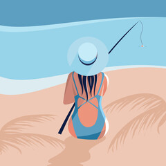 Girl with a fishing rod catches fish on the beach. Vector illustration.