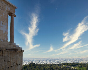 Greece, Athena Nike (Victory) ancient temple on Acropolis hill and Athens panoramic view
