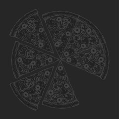 Vector drawing, pizza, table, organic food ingredients. Hand drawn pizza illustration. Great for menu, poster or label.