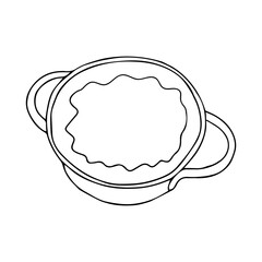 Black hand drawing outline illustration of a saucepan with hot water for cooking isolated on a white background. Top view