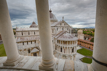 Obraz premium View of The Pisa Cathedral (Duomo di Pisa) details from the stairs of the leaning tower in Pisa, Italy