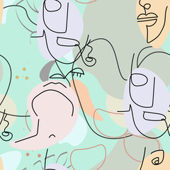 One line drawing. Abstract face seamless pattern.