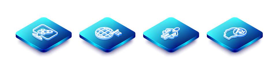 Set Isometric line Rocket ship, Planet with flag, Head hunting and Hand holding icon. Vector