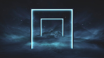 Futuristic fantasy night landscape with abstract landscape and island, moonlight, radiance, moon, neon. Dark natural scene with light reflection in water. Neon space galaxy portal. 3D illustration. 
