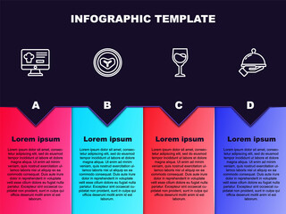 Set line Online ordering and delivery, Steak meat on plate, Wine glass and Covered with tray of food. Business infographic template. Vector