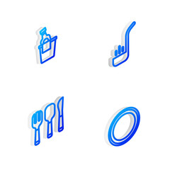 Set Isometric line Kitchen ladle, Champagne in an ice bucket, Fork, spoon and knife and Plate icon. Vector