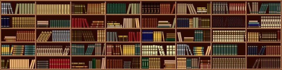 Large bookcase in the library, shop with many different books. Vector background from books. Bookshelf.