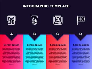 Set line Baseball base, Medal with baseball, Monitor game and Flag. Business infographic template. Vector