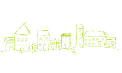 Panorama Grün Stadt Dorf Haus Häuser Zeichnung Skizze 