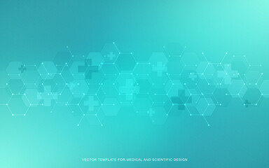 Healthcare medical background with hexagons pattern and crosses. Vector illustration for health care and medicine design, pharmaceutical manufacturing, and industry.