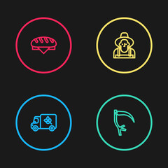 Set line Flour truck, Scythe, Farmer in hat and Bread loaf icon. Vector